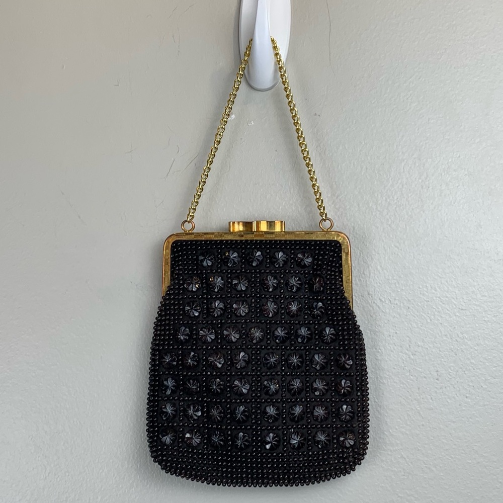 Vintage Beaded Evening Bag Kiss Lock Chain Strap Purse Hand Made in Hong Kong‎